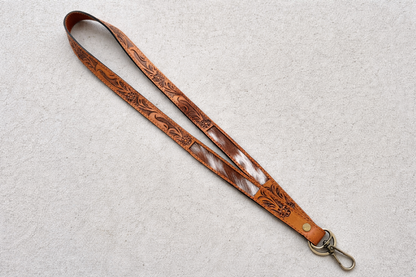Western Cowhide Lanyard | Tooled Leather ID Badge Holder
