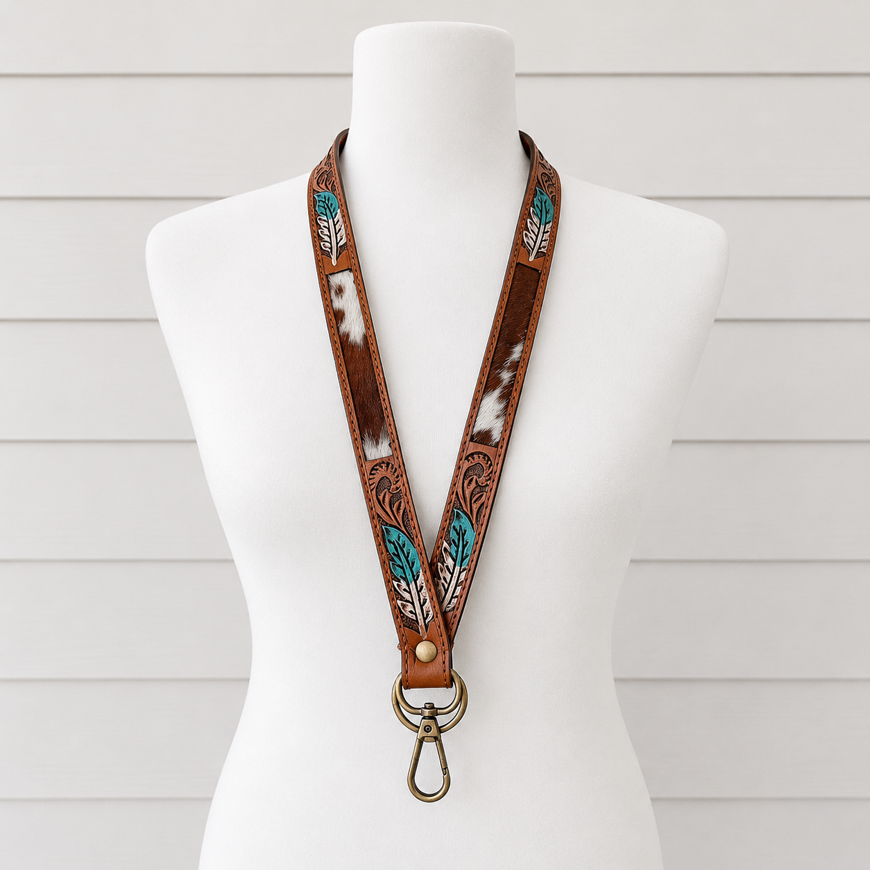 Western Cowhide Lanyard with Turquoise Feather Design | Tooled Leather ID Holder