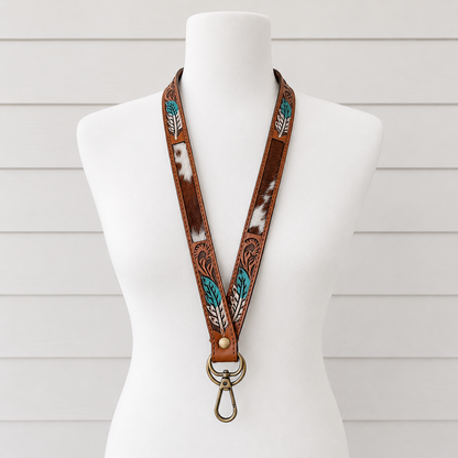 Western Cowhide Lanyard with Turquoise Feather Design | Tooled Leather ID Holder