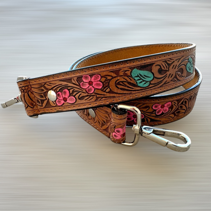 Tooled Leather Crossbody Purse Strap Floral Pink Turquoise