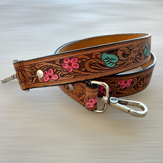Tooled Leather Crossbody Purse Strap Floral Pink Turquoise
