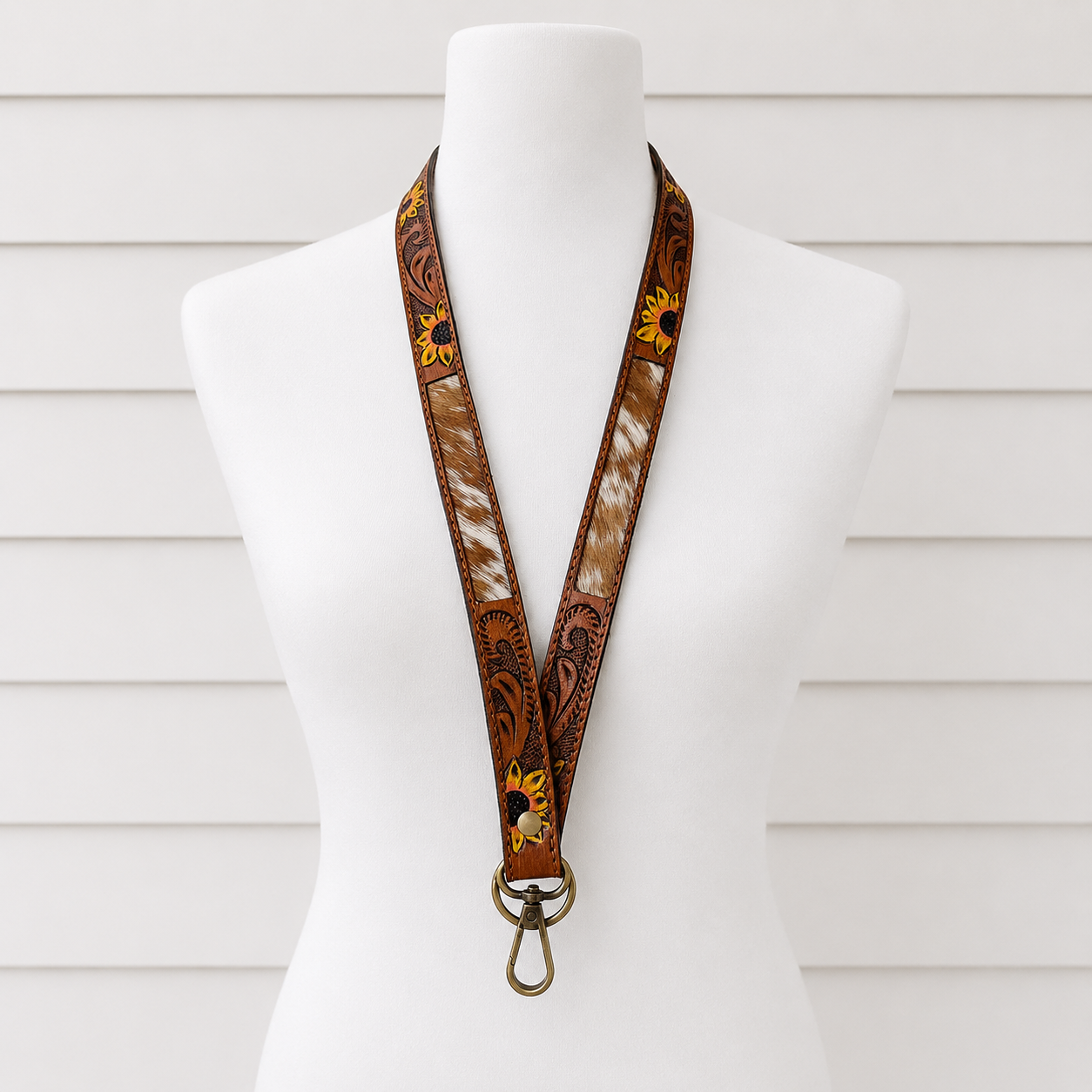 Sunflower Cowhide Lanyard | Tooled Leather Western ID Holder