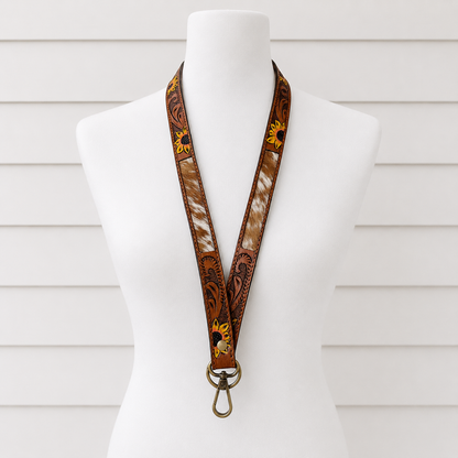 Sunflower Cowhide Lanyard | Tooled Leather Western ID Holder