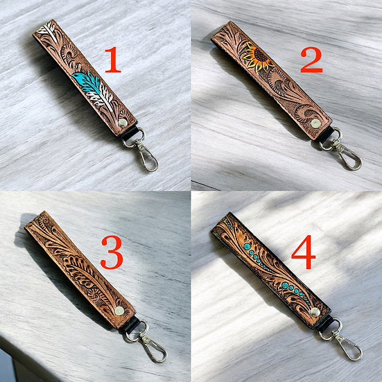 Western Tooled Leather Wristlet Keychain Cowgirl Gift