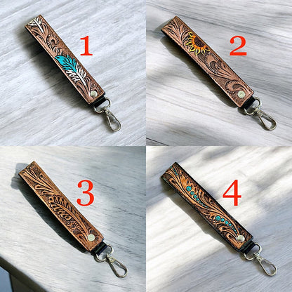 Western Tooled Leather Wristlet Keychain Cowgirl Gift