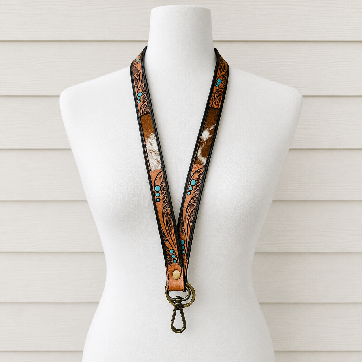 Tooled Leather & Cowhide Lanyard with Turquoise Accents | Western Cowgirl ID Holder