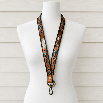 Tooled Leather & Cowhide Lanyard with Turquoise Accents | Western Cowgirl ID Holder