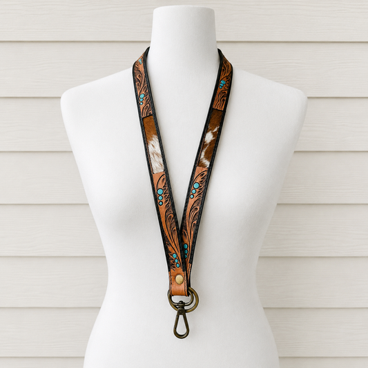 Tooled Leather & Cowhide Lanyard with Turquoise Accents | Western Cowgirl ID Holder